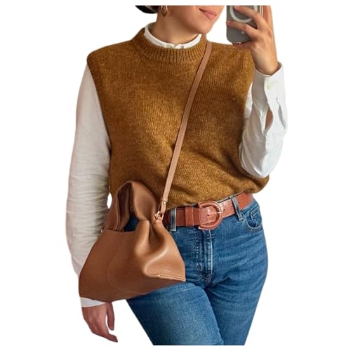 Image of Miqil Women Comfy Sweater Vest Casual Sleeveless Ribbed Knit Vest Trendy Crew Neck Knitted Pullover Tank Top Streetwear