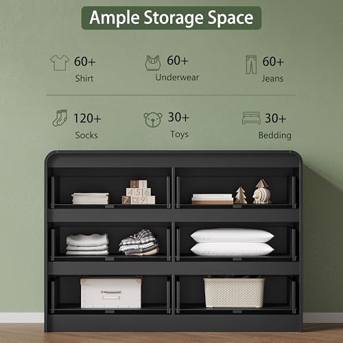 Image of 6 Drawer Dresser for Bedroom, 47 inch Wide Fluted Dresser with Curved Edge and Ergonomic Handleless, Large Wooden Clothes Storage Organizer, Modern Chest of Drawers for Closet, Living Room, Black