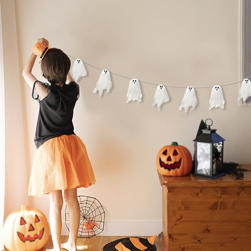 Halloween Deko Fenster Hängende Geister - 10 Stück Weißer Niedliche Fliegende Geist, 3M Mini Horror Türvorhang, Halloween Deko Innen Outdoor Gespenster für Kinder Party Garten Wand Terrasse Hof