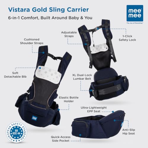 Image of Mee Mee Vistara Gold 6-in-1 Baby Sling Carrier with Hip Seat | Ergonomic Lumbar Support | Premium Gold Finish | Breathable Mesh Fabric | Adjustable & Secure for Newborns to Toddlers (Up to 15 kg, Darkblue)
