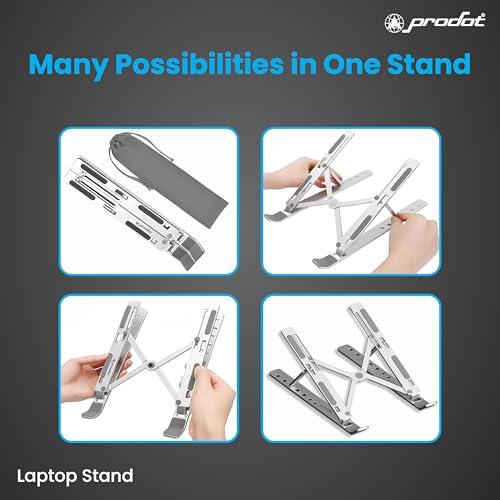 Image of ProDot Multi-Angle Metal Portable Foldable Laptop Stand with 7 Adjustable Height, Anti-Slip Silicone Pads & Overheating Protection, Compatible with 10-15.6 Inch Laptops (Aluminium, Silver)
