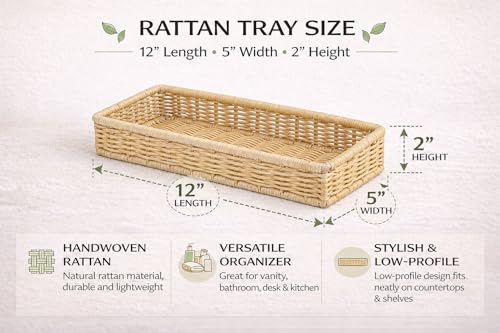 Image of Rectangular Bathroom Tray, Hand-Woven Rattan Storage Baskets Decorative Tray, Wicker Basket Organizer Tray for Storage, (12 inch L x 5 inch W x 2 inch H, Pack of 1)