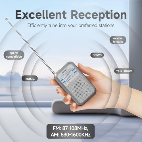 Pocket Battery AM FM Radio Portable, Mini Transistor Radio with Excellent Reception, Tuning Knob with Signal Indicator, AAA Battery Operated for ICE Storms&Walking, DE333 by PRUNUS