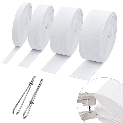 4 Rolls White High Elastic for Sewing Elastic Bands Thickness 1mm Width 0.6/1/1.4/2inch Length 5.5 Yards/roll with 2 Sewing Clips for Waistband Pants Dresses Swimwear Crafts DIY (White-4rolls)