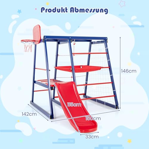 DREAMADE Metall Klettergerüst Outdoor, 150x142x146cm Spielturm Garten, Outdoor Kinder Kletterturm mit Rutsche & Kletternetz & Krabbelleiter & Strickleiter & Basketballkorb für Kinder ab 3 Jahren