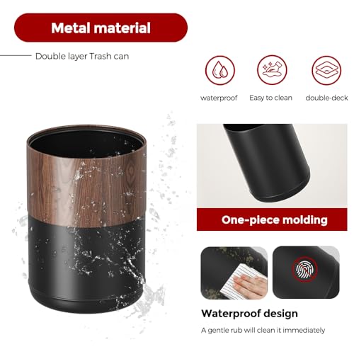 Image of 3.1GAL Modern Metal Waste Bin with Realistic Wood Texture,Built-in Bag Holder,Open-Top Trash Bin for Bathroom,Home,Office,Living Room (3.1gal Round)