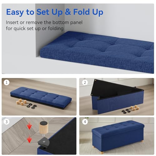 Image of BRIAN & DANY 43 Inches Folding Storage Ottoman Bench, Ottoman with Storage Bench for Bedroom, Living Room, Entryway, Foot Rest with Legs, Blue