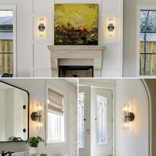 Image of 2 Light Black Wall Sconces Crystal Wall Sconce Modern Wall Sconces with K9 Crystal Lampshade Hallway Indoor Sconces Wall Lighting for Bathroom Entryway Stairway(1-Pack)