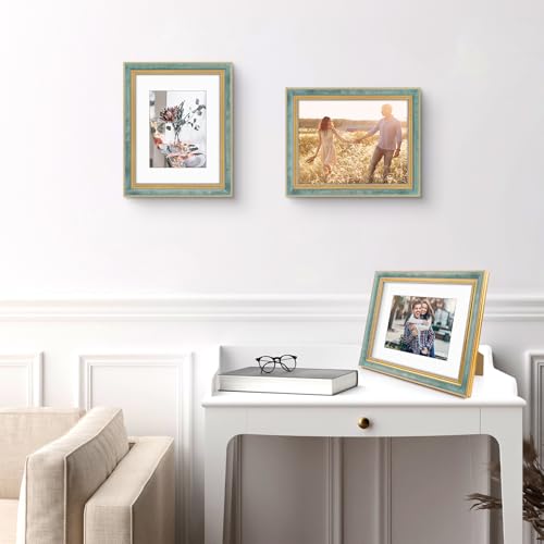 Image of Golden State Art,8.5x11 Ornate Picture Frame Holds 6x8 Photo,Blue Gold | Includes plexiglass front,white mat,easel stand,build-in hangers and buttons.Displays 6x8 photo on wall or tabletop