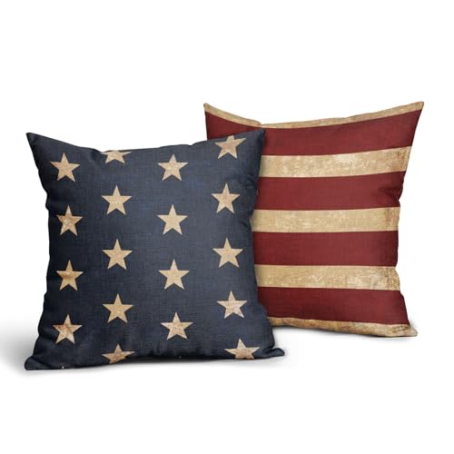 aportt 4th of July Pillow Covers 22x22 Inch Red Stripes Blue Stars Patriotic Decorative Throw Pillow Case Memorial Independence Day Cushion Cover Set of 2 for Bedroom Sofa Living Room Couch Chair
