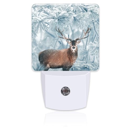 Image of Red Deer in Winter Forest Night Light Plug into Wall, Beautiful Christmas Scenery Dusk to Dawn Night Light,0.5w Energy Saving Sleep Friendly Nightlights for Kids Boys Girls Home Decor