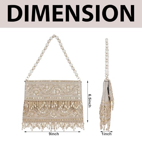 Image of Nevis PU Silk Fabric Women's Embellished bride Clutch with Pearl Handle | Fancy Designe & Wedding Potli Bag for Festive & Evening