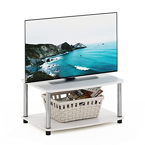 Furinno TURN-N-TUBE TV Riser Stand, 2-Tier Small Elevated No Tools TV Stand, TV Console for TV up to 32 inch, 15.8 x 23.8 x 11, for Living Room, Bedroom, White Oak/Stainless Steel Tubes