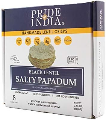 Pride Of India - Salty Black Bean Namkeen Papadum Lentil Crisp - Pack of 6 - 10 count Box (3.53oz - 100gm) - Lentil Chips, Gluten-Free Crackers, Healthy Snacks, Indian Snacks, Lentil Crackers