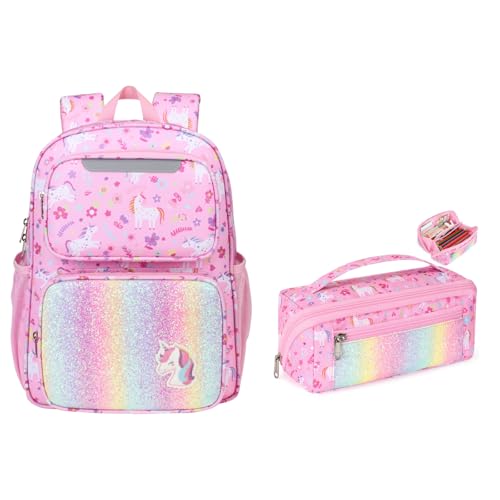 Kids Backpack and Pencil Case Set for Girls 3 to 8, Lightweight School Bookbag for Preschool Kindergarten and Elementary 1st 2nd, Large Capacity Pencil Pouch for Kids (Pink Unicorn) - Main Image