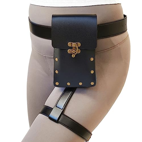 Larswon Renaissance Leg Harness Bag - Synthetic Leather Belt Bag for Women Hip Fanny Pack Thigh Harness, Black, M