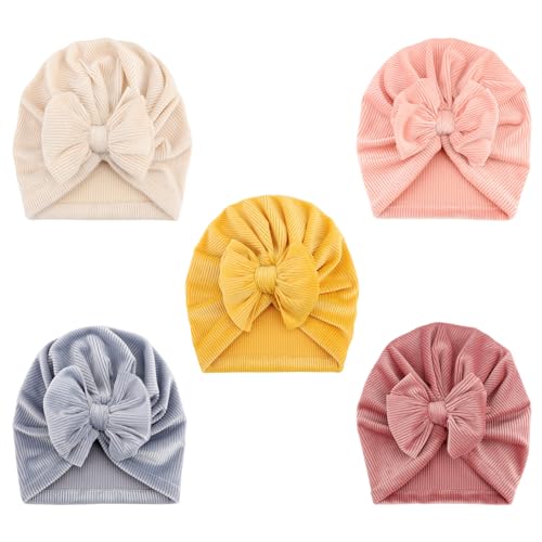 Image of DRESHOW BQUBO 5 Pieces Newborn Baby Turban Hats Bow Baby Infant Beanie Breathable Toddler Cap for Baby Girls