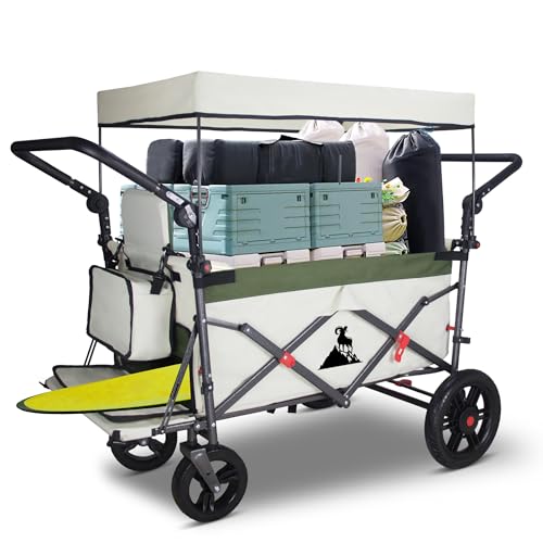 TOPWELL Carro plegable con techo y frenos, carro de transporte, plegable, ruedas sólidas de poliuretano, capacidad de carga de hasta 120 kg (verde/beige)