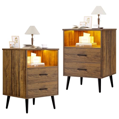 LVSOMT Nightstands Set of 2, Nightstand with Charging Station and USB Ports, Rustic Brown Bedside Table with Open Shelf, Mid Century Modern Nightstand with 2 Drawers, Night Stands for Bedroom