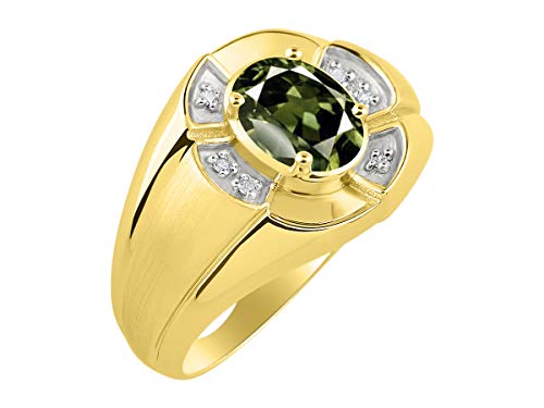 Image of Rylos Yellow Gold Plated Silver Men's & or Ladies Ring with 8X6MM Oval Gemstone & Diamonds - Unisex Color Stone Birthstone Ring Sizes 7-13