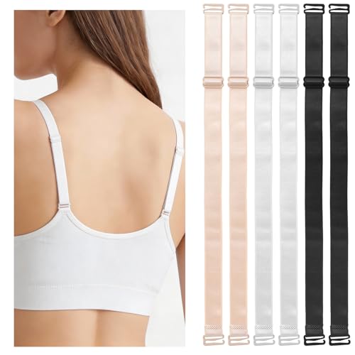 Matwsec 6 Pcs Women\'s Non-Slip Bra Strap Extender, Elastic Bra Strap Holders for Slipping, Replacement Adjustable Bra Strap Clips for Racerback Conceal Straps, Black, White, Skin Color (1.2cm Wide)