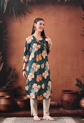 Image of Ichaa Women's Pure Cotton A-Line Ethnic V-Neck Kurta with 3 /4th Sleeve for Daily and Office Wear, in Plus Sizes