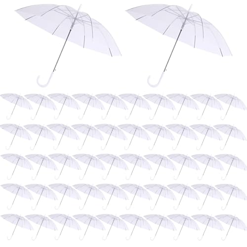50 Pcs Wedding Clear Umbrella Bulk for Rain Large Windproof Stick Umbrellas with White J-Hook Handle for Guests Wedding Bride Groom Photography Prom Graduation Golf Parties Transparent Umbrella