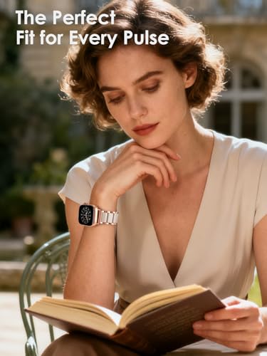 Image of V.R.HOPE Apple Watch Band for Women 38mm 40mm 41mm 42mm Fashion Rose Gold Stainless Steel Metal Strap with Resin Inlay, Fashion Bracelet Compatible with iWatch Series 11 /10 /9 /8 /7 /6 /5 /4 /3 /2 /1 /SE (Oatmeal+Rose Gold)