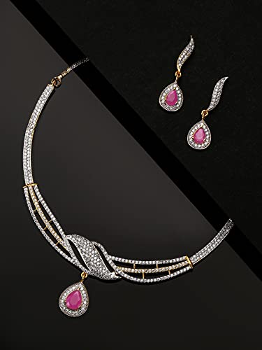 Pink Stone & American Diamond Necklace Set with Drop Earrings