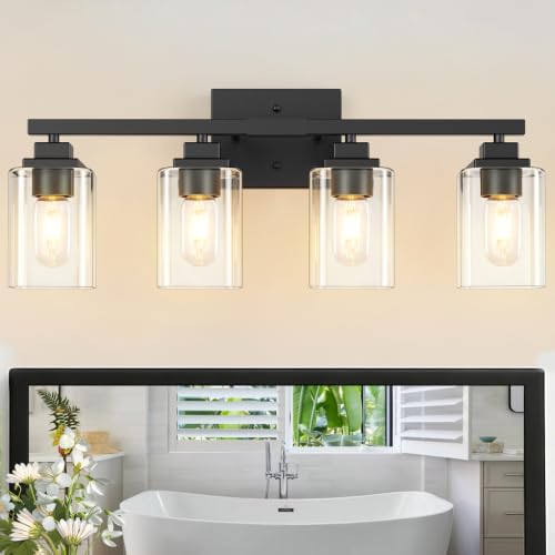 Image of Matte Black Bathroom Light Fixtures, 4-Light Vanity Lights over mirror