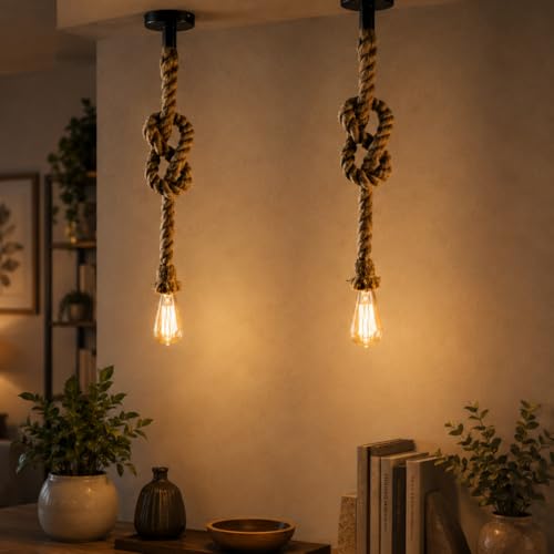 Desidiya Pendant Rope Lights E27 for Ceiling Hanging, Bulb Not Included- 40W, Pack of 2 (Beige)