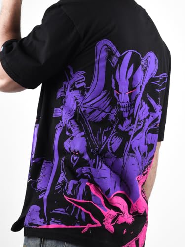 Image of ComicSense.xyz Unisex Anime Oversized Neon Print T Shirts for Men and Women, Shinigami Printed 180 GSM Anime Drop Shoulder Tshirt