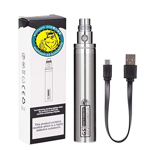 WOLFTEETH Genuine GS EGO II Prime 2200mAh Rechargeable Battery Bottom Micro USB Charge 510 Ego Charge 510 E-Shisha E-Cigarette (0ml Nicotine Free/Silver 121501FBA)