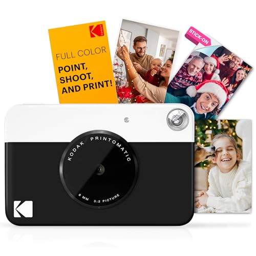 KODAK Printomatic Cámara digital instantánea - Fotos de calidad en papel fotográfico adhesivo Zink 2x3' - 5MP, portátil, regalo creativo para cumpleaños, Navidad, fiestas - Negro