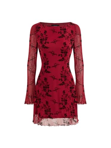 CIDER Womens Floral Mesh Mini Dress Long Sleeve Boat Neck Sheer Party Date Night Dresses Fall Trendy