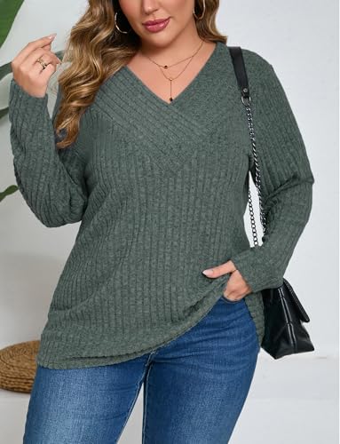Image of Plus Size Sweaters for Women Casual V Neck Tops Long Sleeve Shirts Oversized Lightweight Knit Sweater