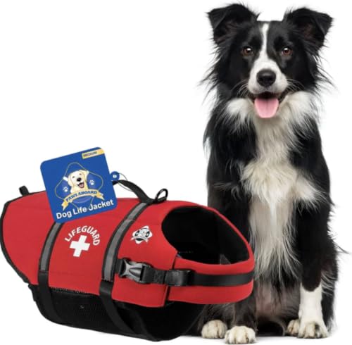 Paws Aboard Dog Life Jacket - Swimming Vest for Dogs, Adjustable, Reflective, Comfortable, Multiple Colors, Patterns, XX-Small to Extra Large Dog Swim Vest with Handle (Red, Medium)