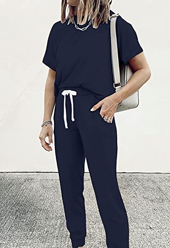 Image of PRETTYGARDEN Women Summer Two Piece Outfits Striped Short Sleeve Pullover and Long Pants Tracksuit Travel Pajama Lounge Set
