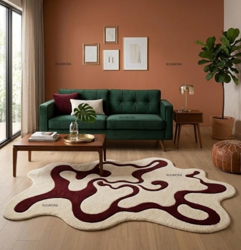 Image of Hand Tufted Wool Rug 5x7 Ft - Modern Irregular Shape Aesthetic Carpet, 1 Inch Thick Pile, Anti-Skid Backing, Soft Handmade Woolen Area Rug for Living Room, Bedroom, Hall Decor