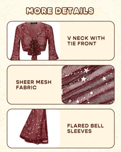 Image of Women Tie Front Bell Sleeve Rave Crop Tops Floral Print Hippie Mesh Sheer Shirt
