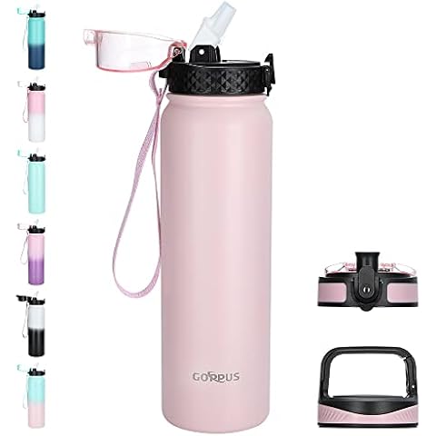 GOPPUS 1L/32oz Edelstahl Trinkflasche mit Strohhalm Auslaufsichere Wasserflasche Isolierflasche BPA-Frei Thermosflasche Cover