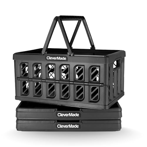 CleverMade Collapsible Shopping Basket, Obsidian, 3PK - 24L (6 Gal) Reusable Plastic Grocery Shopping Baskets, Holds 25lbs Per Basket - Small Foldable Storage Crates with Handles