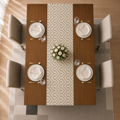 Image of STITCHNEST 'Nomad Weave Collection' Jacquard Table Runner 13x72 Inches| Tassel Finish | Modern Dining Table Decor