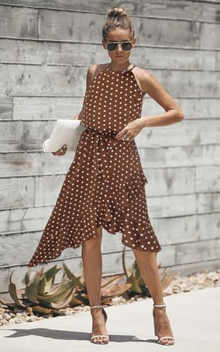 Image of ECOWISH Polka Dot Women Summer Dresses Casual Midi A Line Ruffle High Low Sleeveless Boho Floral Halterneck Cocktail Sundress