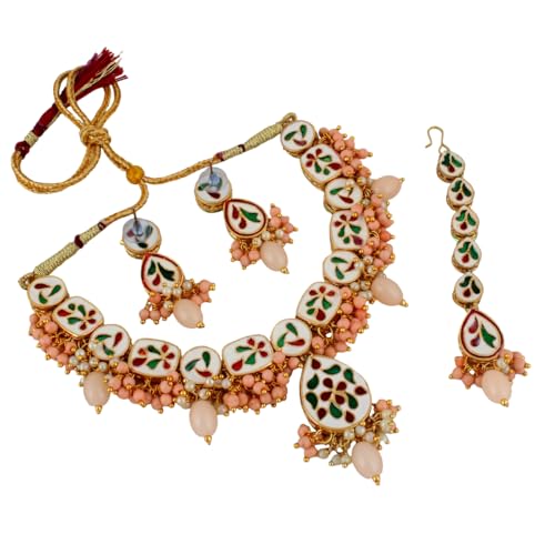 Image of Lucky Jewellery Meenakari 18k Gold Plated Tika Earring Combo Uncut Big Faux Kundan Choker Necklace set