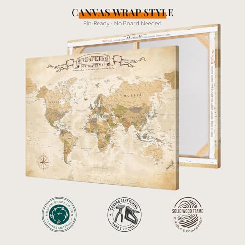 Image of DECORARTS - Large Antique Vintage World Map Canvas Wall Art, Old World Maps for Wall Decor, Hand-Stretched Giclee Print, Home Office Statement Piece, Handcrafted in USA, 35x28''
