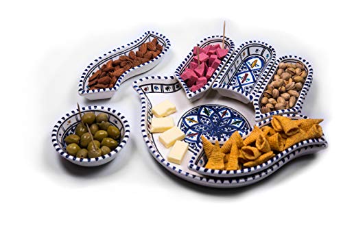 Kamsah 7 Piece Plate Set & Serving Platter, Custom Hand-Painted Ceramic Appetizer Tray Serving Dishes for Celebrations, Parties and Events (Large, Bohemian Blue)