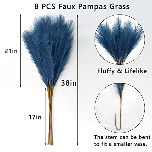 Vierena 8 Pcs Faux Pampas Grass 38"/3.1Ft Tall Artificial Pompous Grass Large Fake Pompas Branches Plants Floor Vase Filler For Flower Arrangement Home Kitchen Boho Decor (Blue) #TOP5