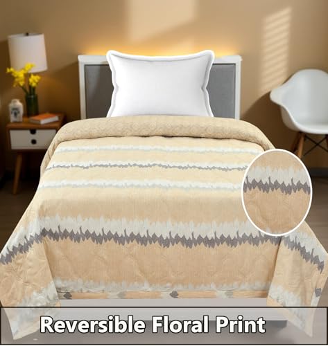 Image of IVAZA Luxury Ultrasonic Punch AC Comforter Blanket - Quilted Microfiber Floral Pattern, Lightweight Breathable All‑Season Blanket for Bedroom, Travel (Singled Bed,228x152 CM) (Light Beige)