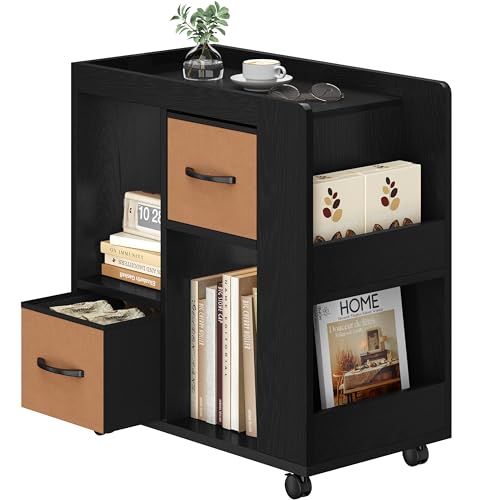Yaheetech Narrow Side Table with Storage Wooden Rolling Nightstand Bedside Table with Wheels Magazine Racks and Open Shelves End Table with Drawers for Living Room Bedroom Black
